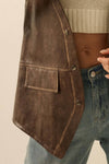 Faux leather snap-front vest in rich brown with side pockets, perfect for layering in Long Island boutique fashion.