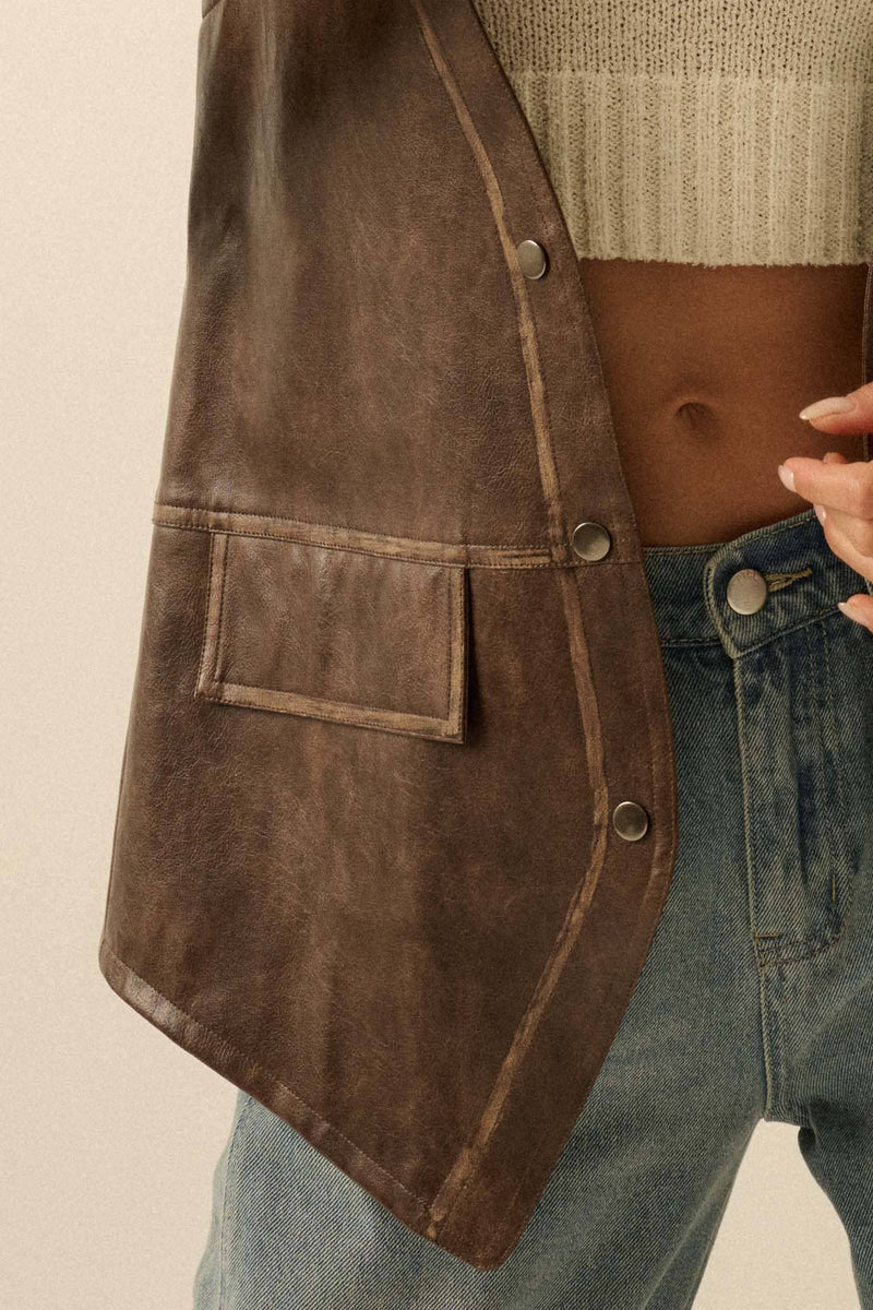 Faux leather snap-front vest in rich brown with side pockets, perfect for layering in Long Island boutique fashion.