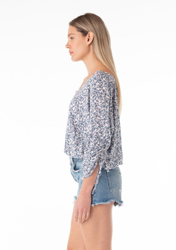 Floral Ruched 3/4 Sleeve Button Down Blouse