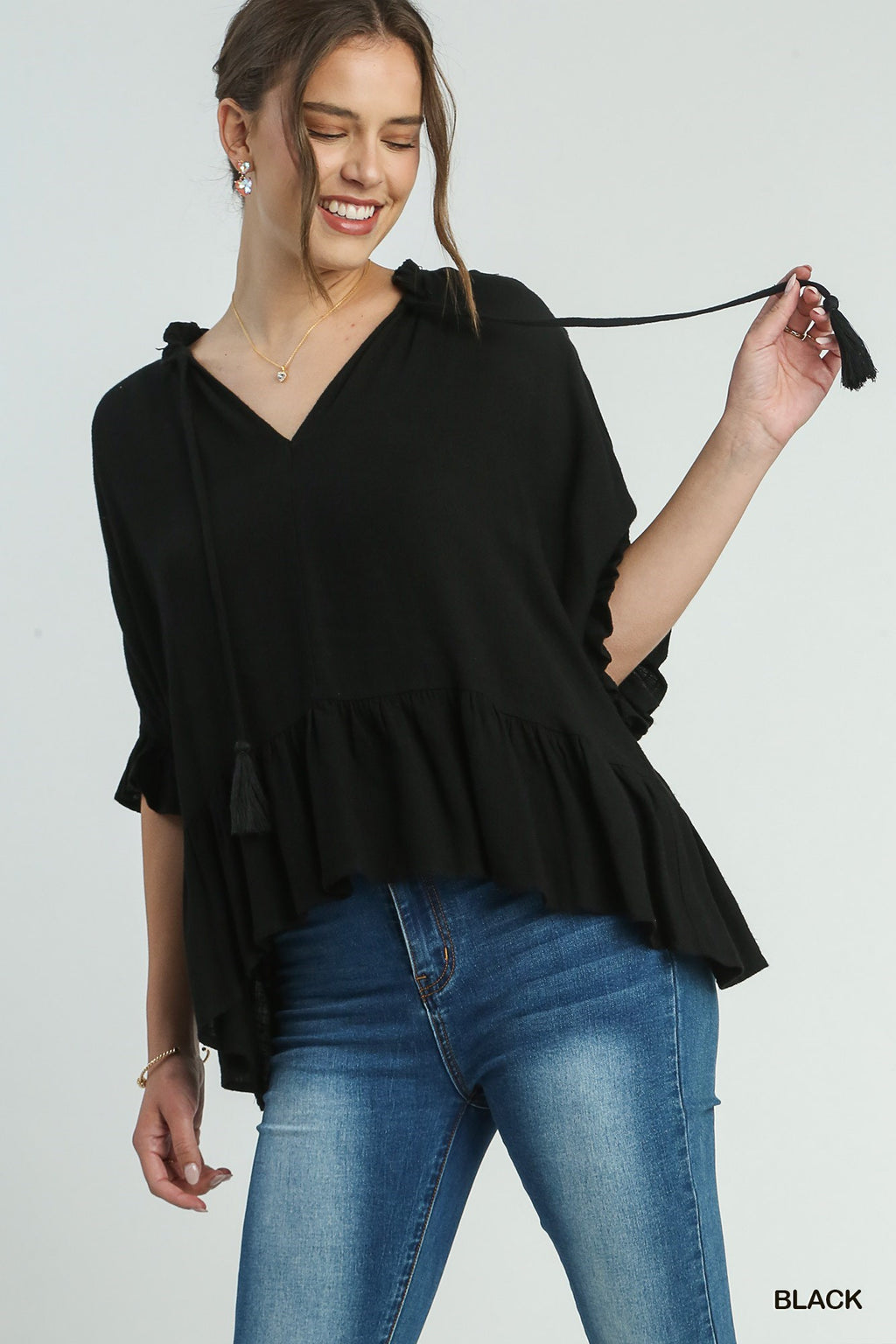 Linen Blend Half Sleeve Top w Front Tassel Tie & Ruffle Hem