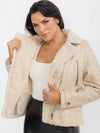 Beige PU pleather jacket with front pockets and a cozy, fluffy collar, ideal for stylish layering in Long Island boutique fashion.