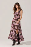 Cowl neck maxi dress featuring a dark floral pattern in shades of pink, flowing fabric, and a ruffled hem, perfect for Long Island boutique fashion.