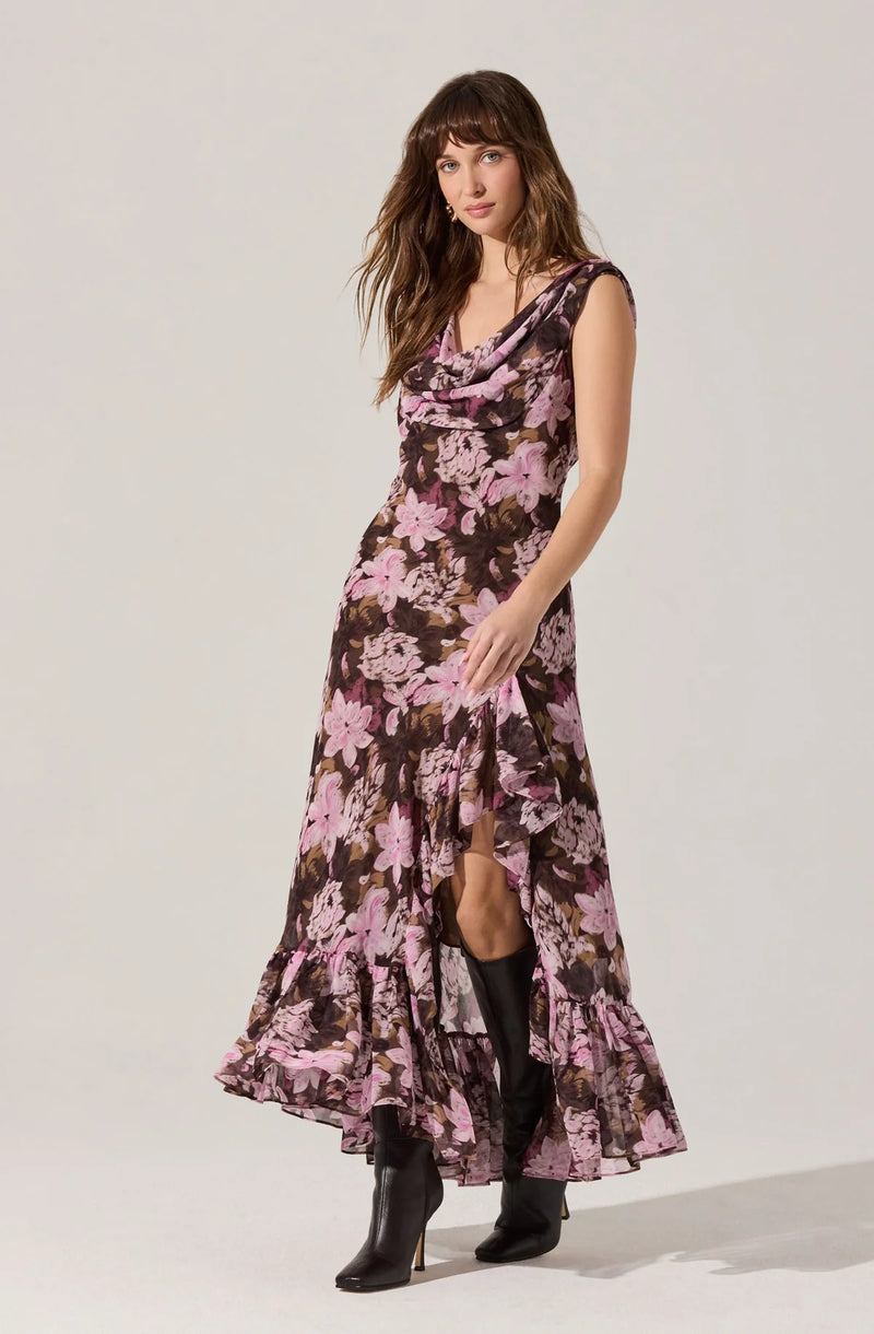 Cowl neck maxi dress featuring a dark floral pattern in shades of pink, flowing fabric, and a ruffled hem, perfect for Long Island boutique fashion.
