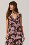 Floral cowl neck maxi dress in rich brown with pink and cream blooms, designed for a flattering fit, perfect for Long Island boutique fashion.