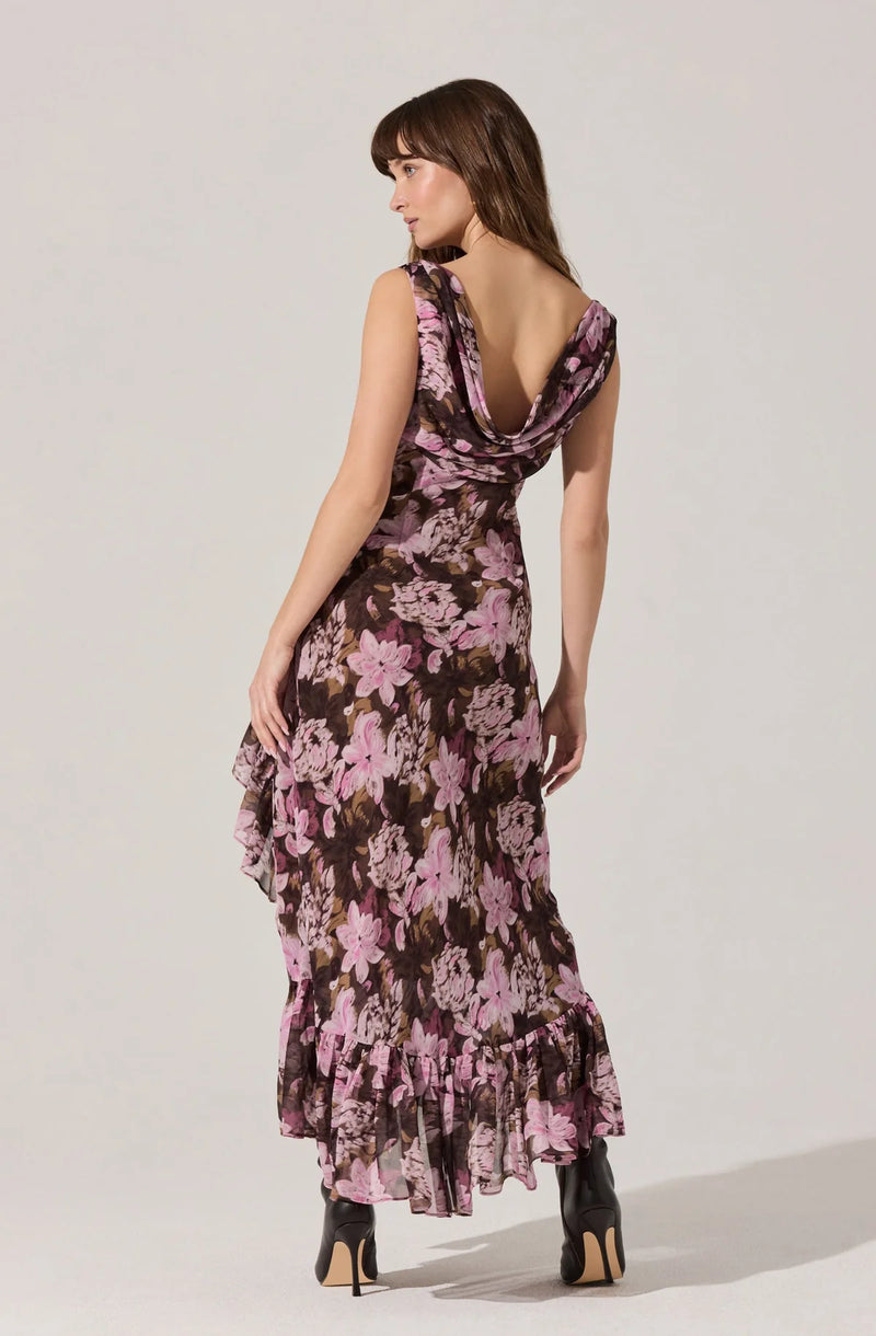 Floral cowl neck maxi dress in pink and brown hues, featuring a flattering silhouette and ruffled hem, perfect for Long Island boutique fashion.