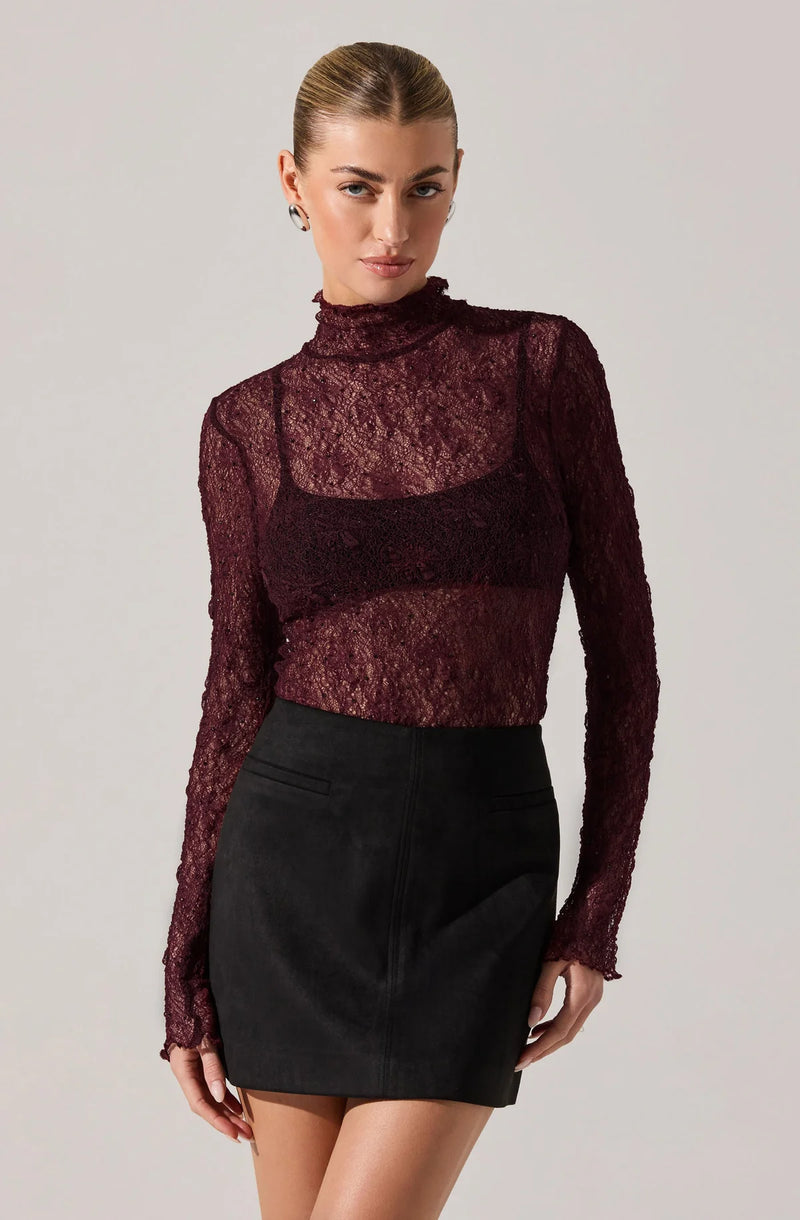 Chic burgundy lace top with rhinestone detailing, featuring a high neckline and long sleeves, perfect for Long Island boutique fashion.