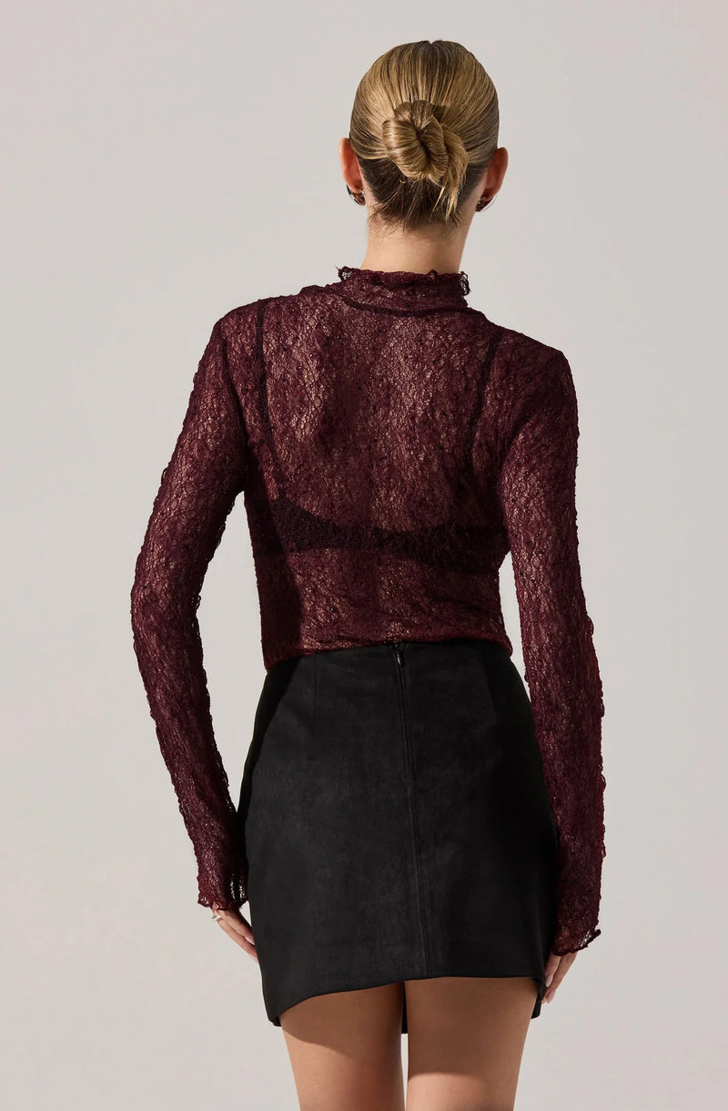 Long-sleeve burgundy lace top with intricate rhinestone detailing, perfect for evenings out in Long Island boutique fashion.
