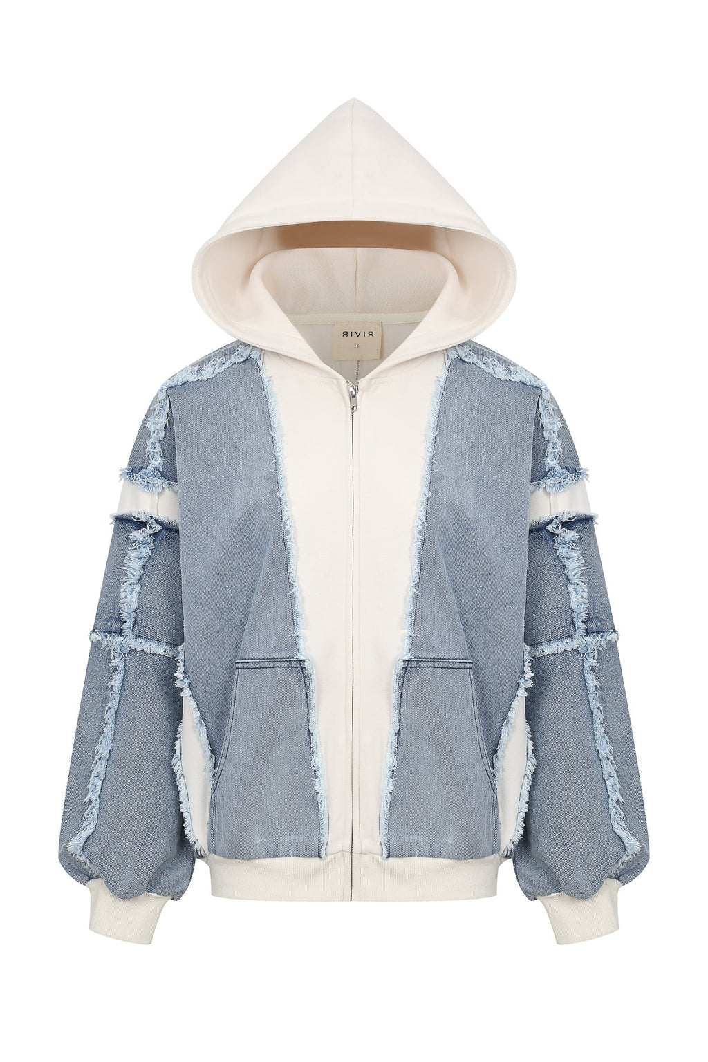Soft denim hybrid hoodie featuring a light blue distressed design and cream hood, perfect for casual wear in Long Island boutique fashion.