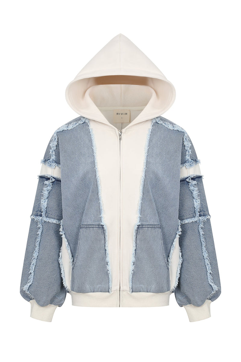 Casual denim hybrid hoodie featuring frayed edges, a contrasting cream hood, and a relaxed fit, perfect for Long Island boutique fashion.