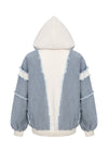 Stylish denim hybrid hoodie with a light blue wash, cozy white sleeves, and frayed detailing, perfect for Long Island boutique fashion.
