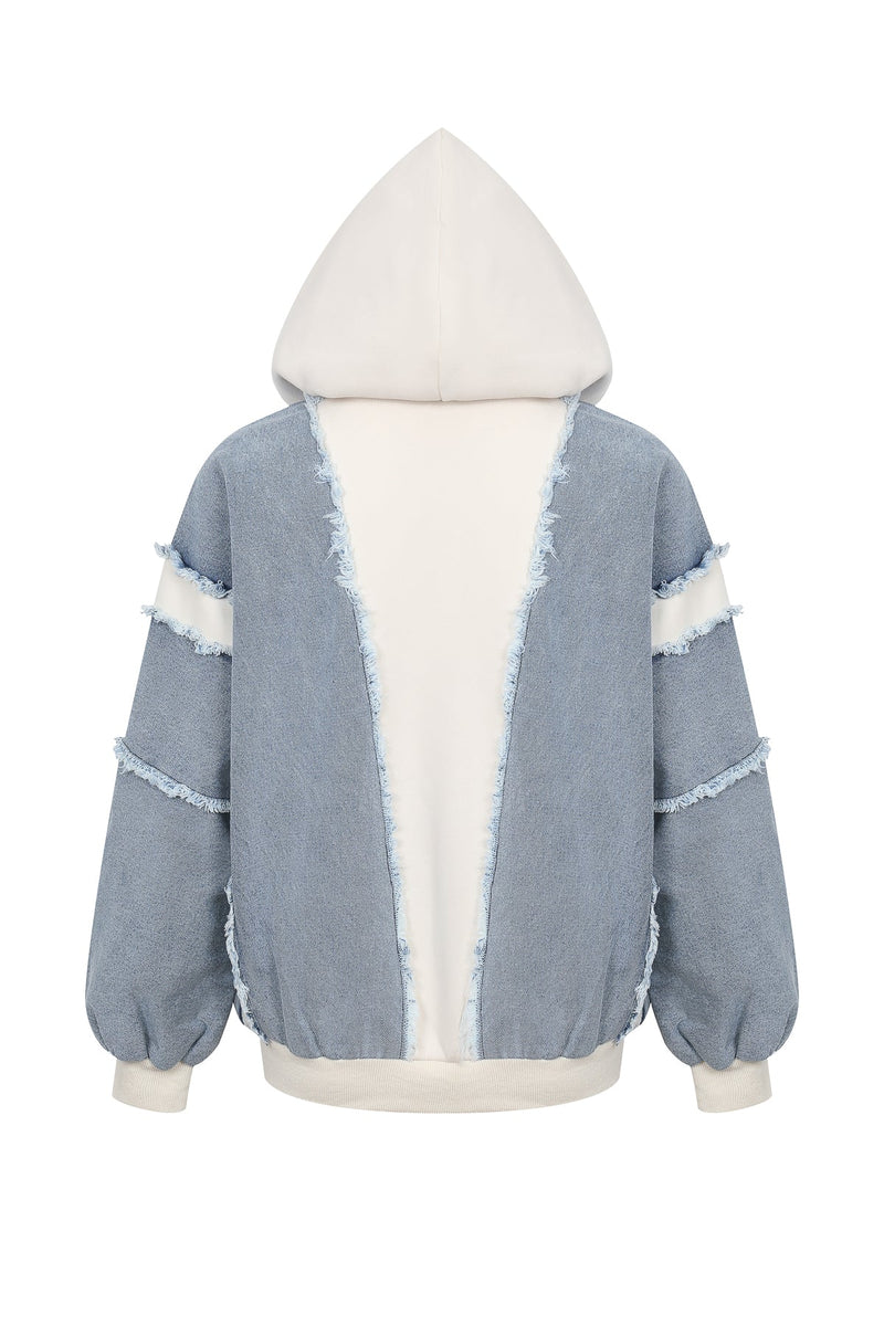 Stylish denim hybrid hoodie with a light blue wash, cozy white sleeves, and frayed detailing, perfect for Long Island boutique fashion.