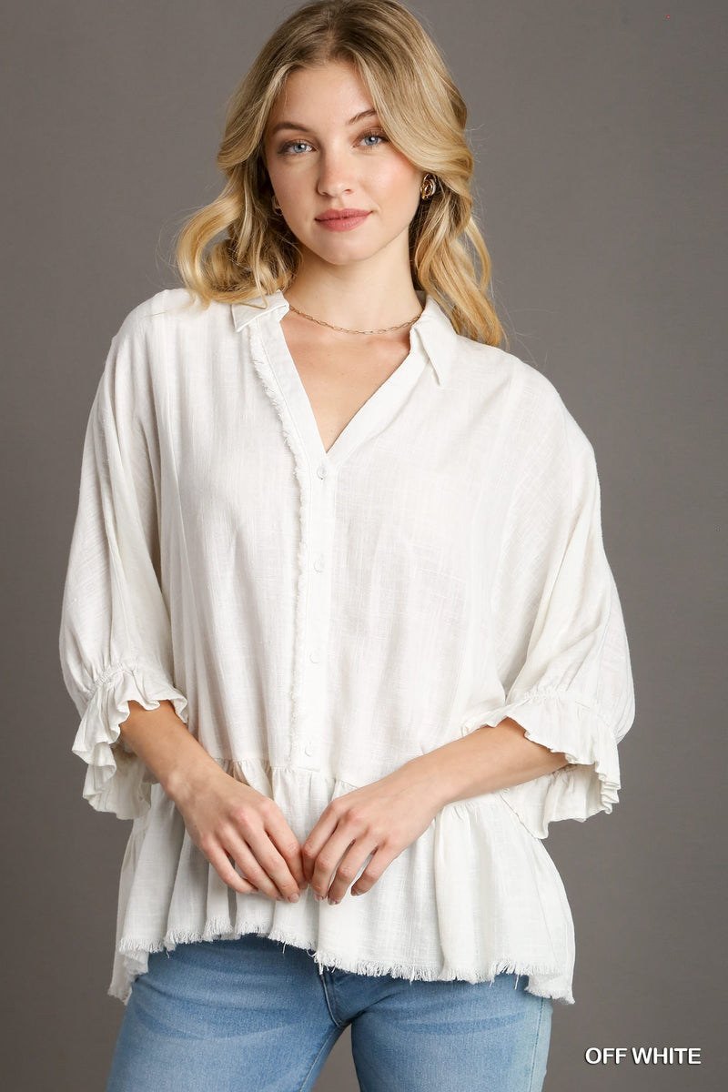 Linen Blend Top w Half Button Detail & Frayed Hemline