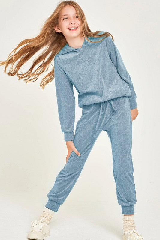 Solid Terry Hoodie And Jogger Pants Set- Girls