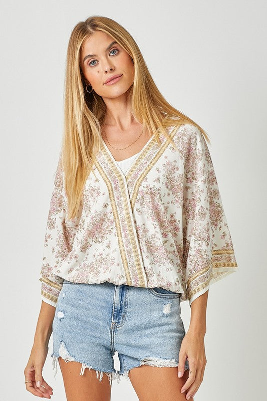 Border Print Front Wrap Kimono Top
