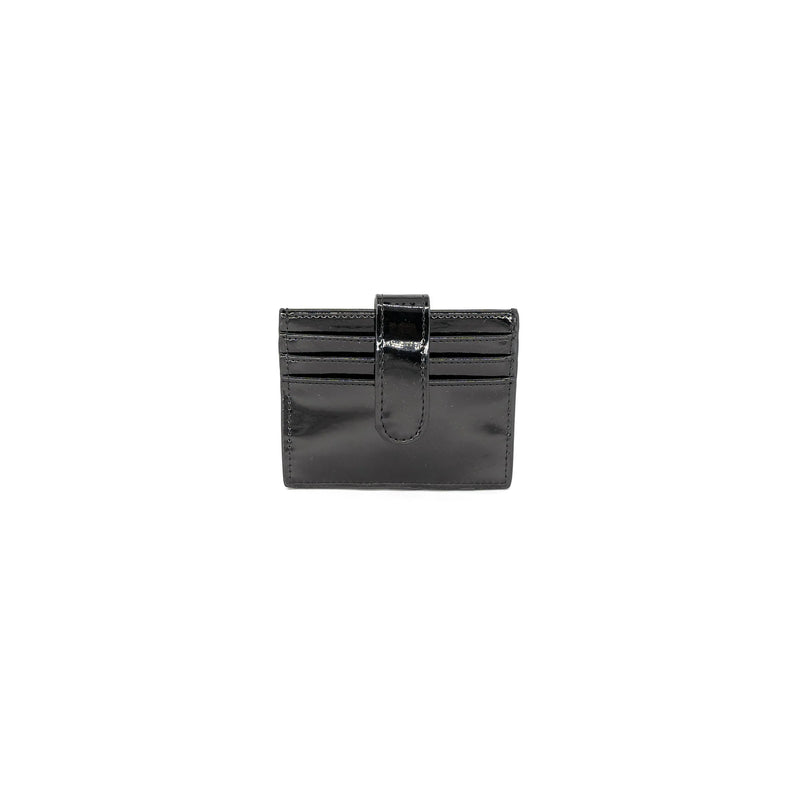 Sleek black patent card holder with multiple slots and a secure snap closure, perfect for stylish organization in Long Island boutique fashion.