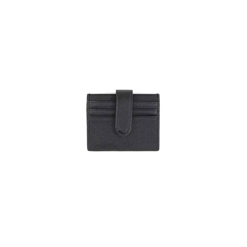 Sleek black small card holder featuring multiple slots and a secure flap, perfect for stylish organization from this Long Island boutique fashion.