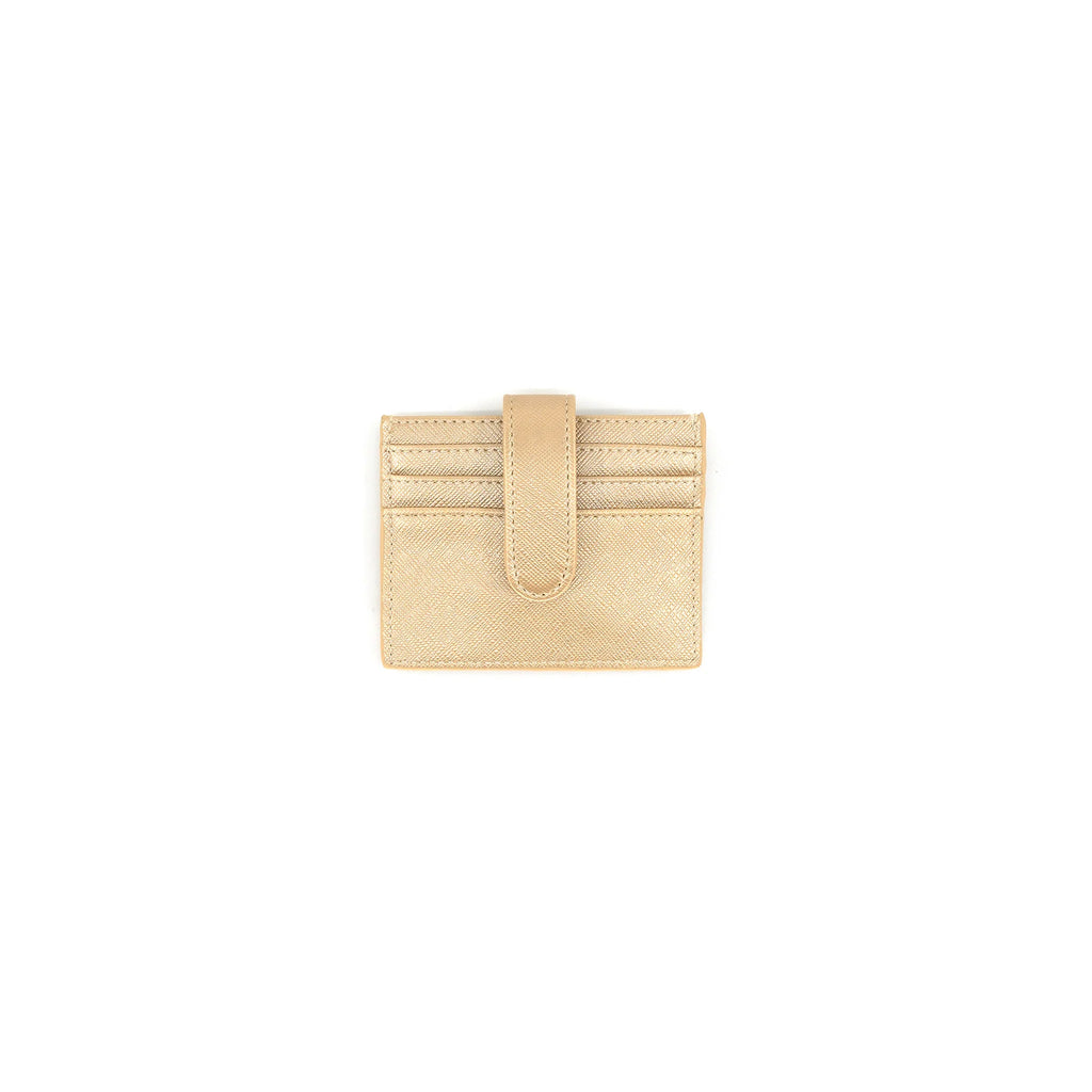 Stylish gold small card holder featuring multiple card slots and a secure snap closure, perfect for Long Island boutique fashion enthusiasts.