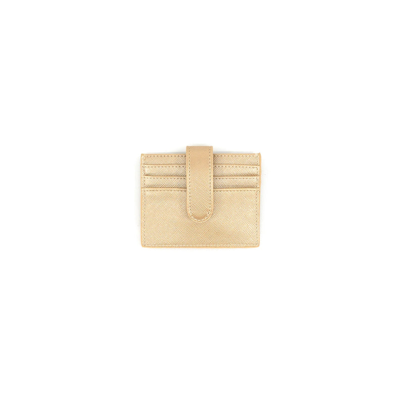 Stylish gold small card holder featuring multiple card slots and a secure snap closure, perfect for Long Island boutique fashion enthusiasts.