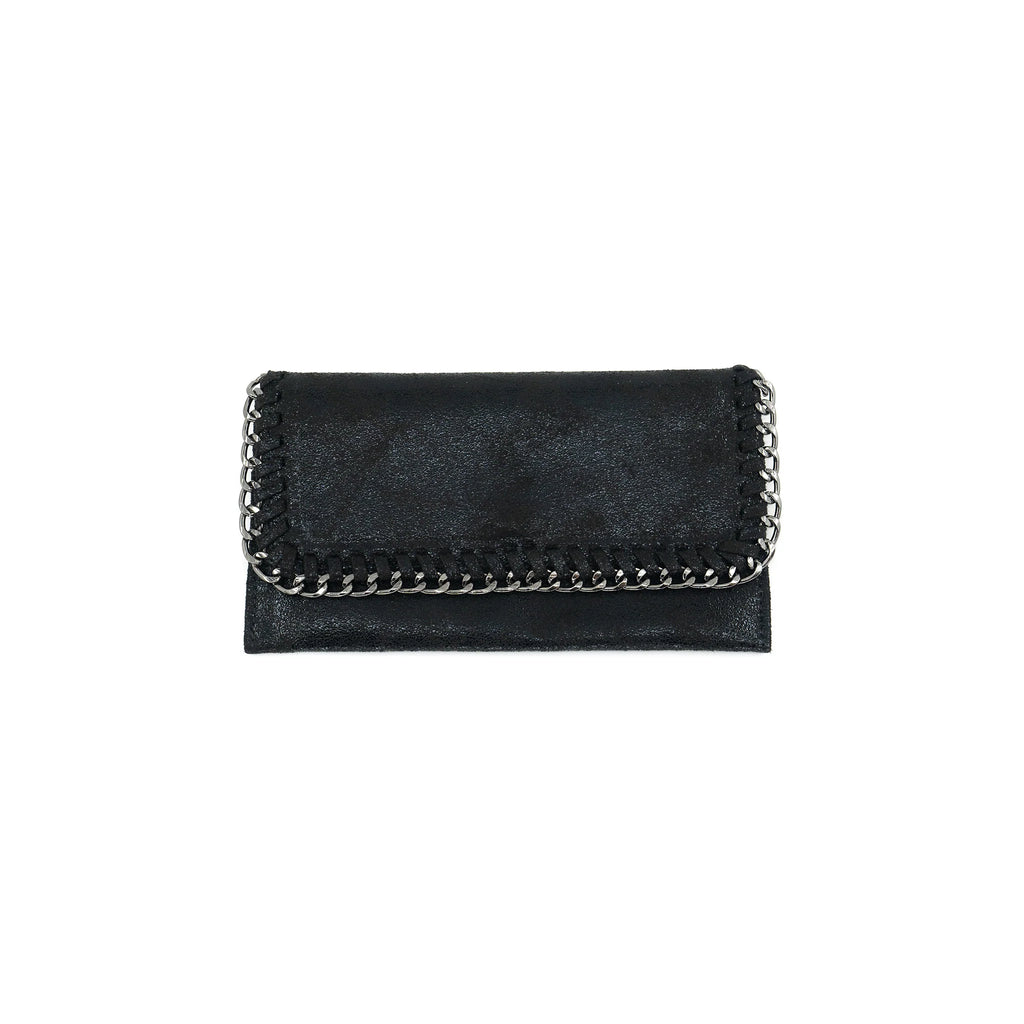 Sleek black chain wallet featuring a woven metallic trim, perfect for adding a touch of elegance to any Long Island boutique fashion ensemble.