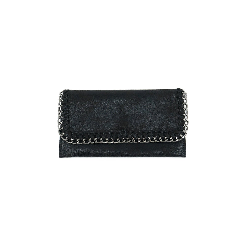 Sleek black chain wallet featuring a woven metallic trim, perfect for adding a touch of elegance to any Long Island boutique fashion ensemble.