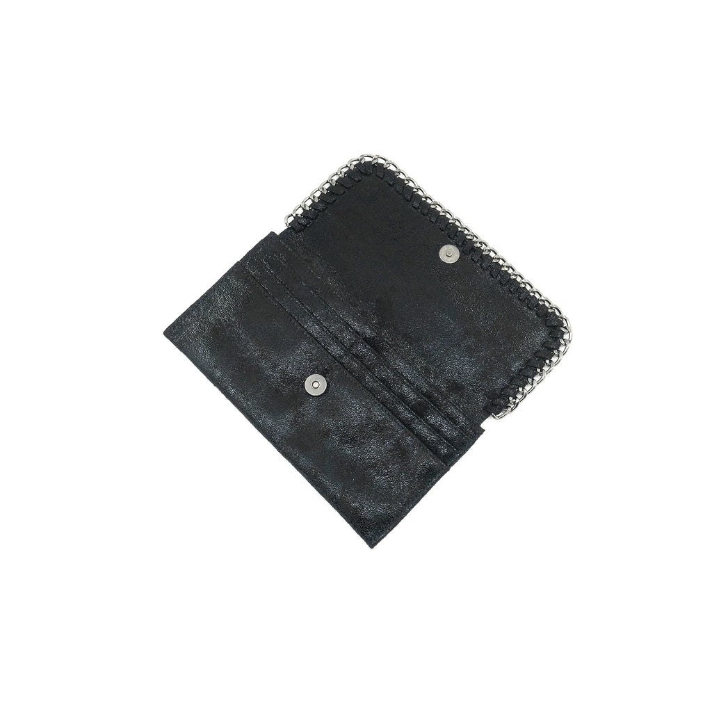 Sleek black chain wallet featuring a woven metallic trim, perfect for adding a touch of elegance to any Long Island boutique fashion ensemble.