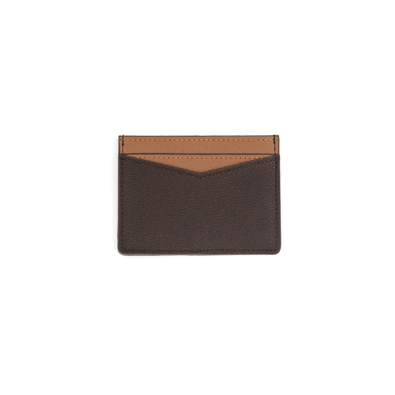 Sleek brown BC credit card holder features textured leather with tan accents, perfect for stylish organization at a Long Island boutique fashion.