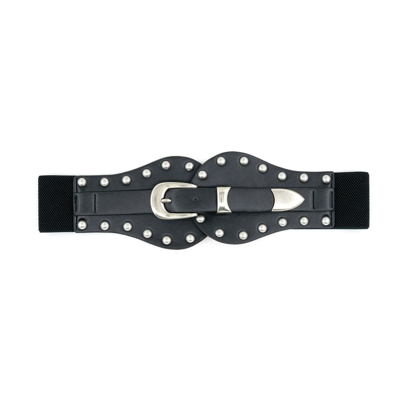 Stylish black western belt with silver studded details and a sleek metal buckle, perfect for adding flair to outfits from this Long Island boutique fashion.