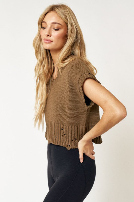 Distressed V-Neck Sweater Crop Top