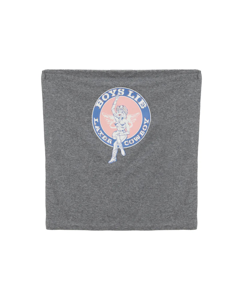 Gray tube top featuring a playful graphic with the phrase "Boys Lie Later Cowboy," perfect for casual wear at a Long Island fashion boutique.