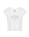 Short-sleeve white tee featuring a crystal-studded angel design, showcasing a fitted silhouette perfect for Long Island boutique fashion.