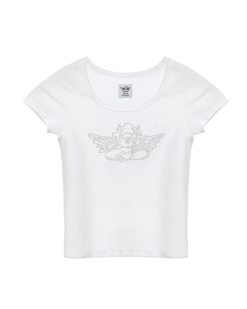Short-sleeve white tee featuring a crystal-studded angel design, showcasing a fitted silhouette perfect for Long Island boutique fashion.