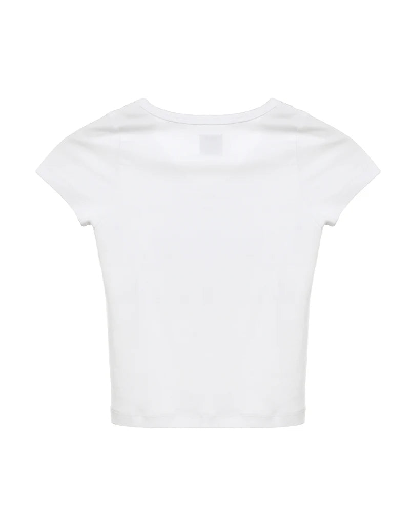 White short-sleeve tee featuring a relaxed fit, perfect for casual wear, embodying the spirit of Long Island boutique fashion.