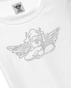 White short-sleeve tee featuring a sparkling rhinestone graphic of angel wings, ideal for trendy looks at a Long Island women's boutique.