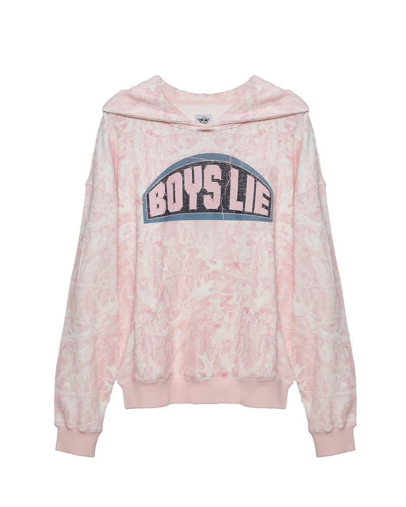 Soft pink hoodie featuring a rhinestone-embellished “BOYS LIE” design, perfect for cozy yet stylish looks in Long Island boutique fashion.