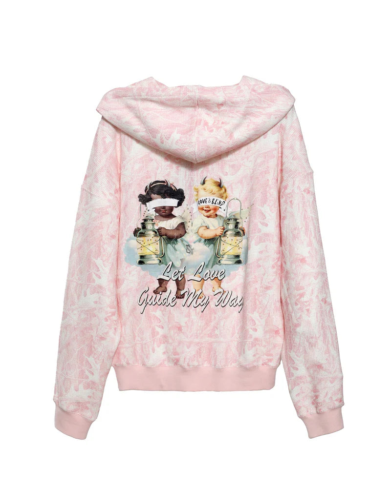 Soft pink racer hoodie featuring a whimsical graphic of two playful children and "Let Love Guide My Way," ideal for Long Island boutique fashion.