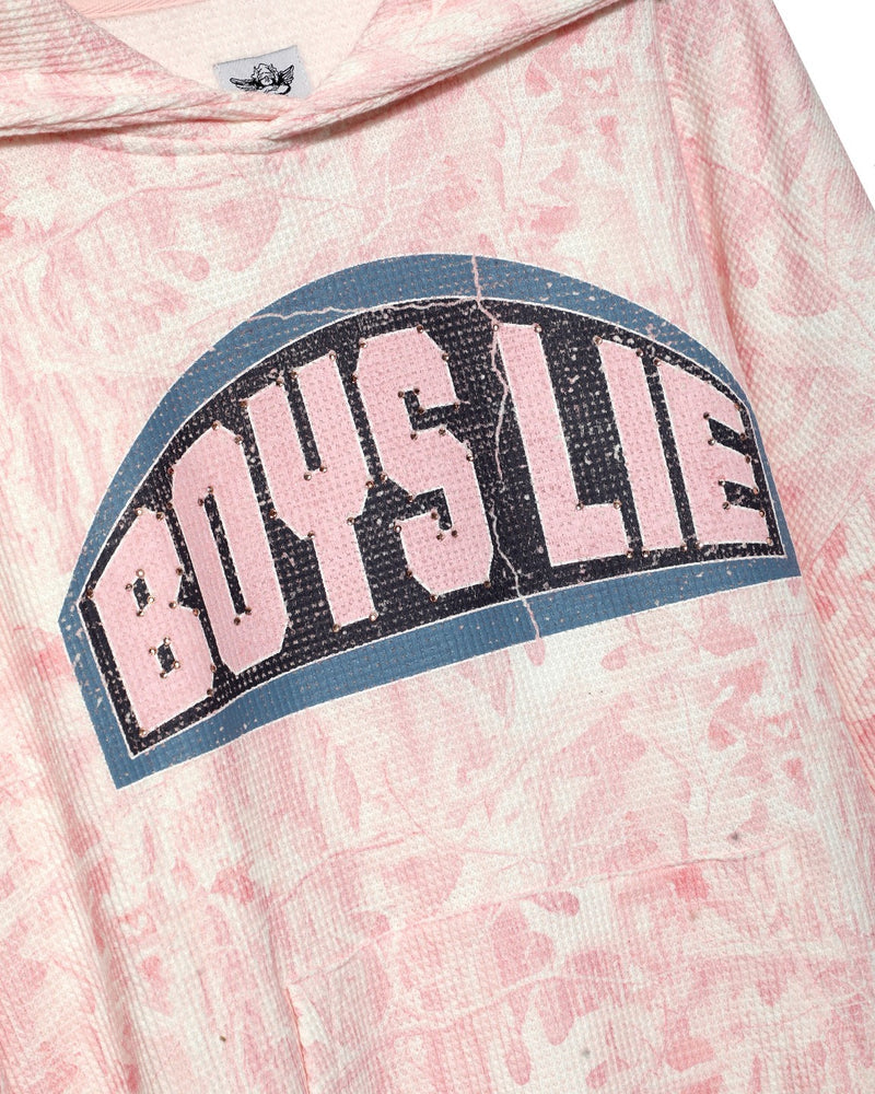 Soft pink hooded racer hoodie featuring "BOYS LIE" in rhinestones, perfect for relaxed layering in Long Island boutique fashion.