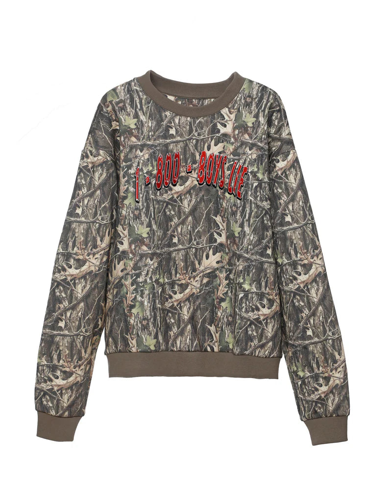 Camouflage crewneck sweatshirt featuring bold red "1-800 BOYS LIE" text, perfect for casual wear at a Long Island women’s boutique.