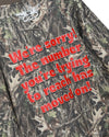Camouflage crewneck sweatshirt featuring bold red text that humorously states, perfect for casual wear from this Long Island boutique fashion.