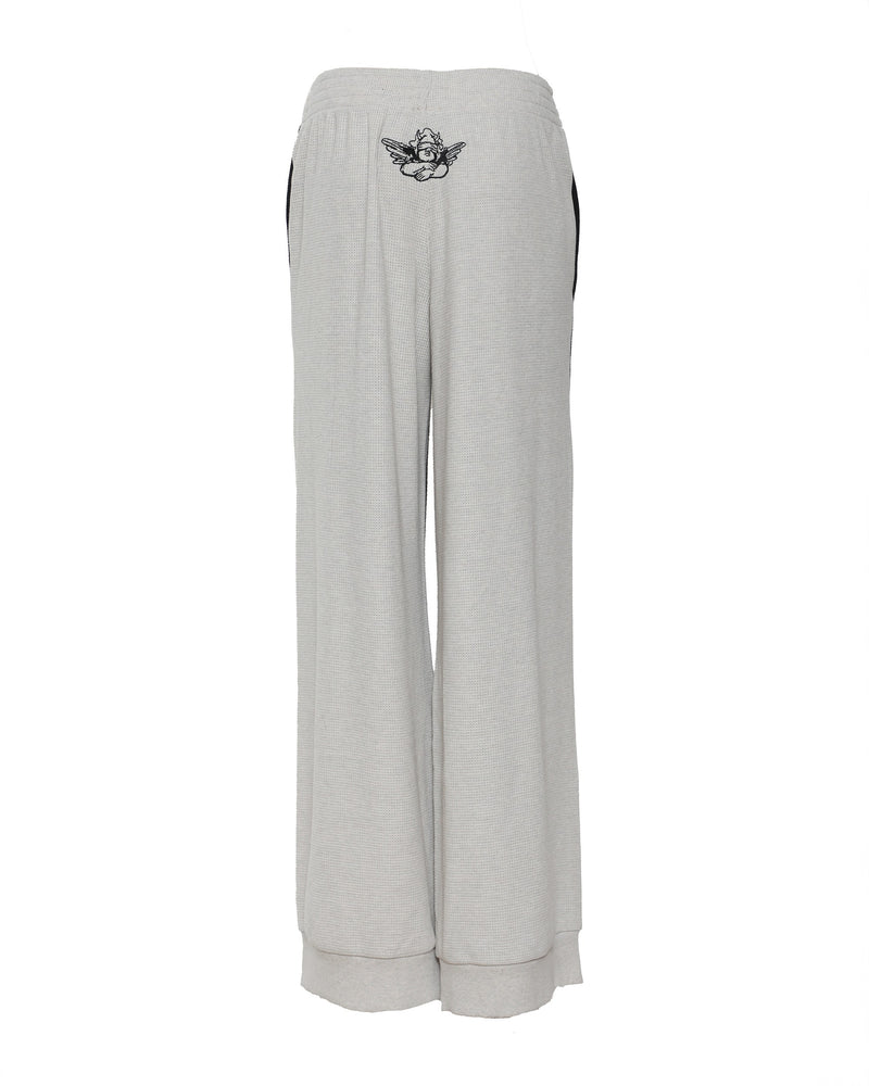 Soft grey wide-leg pants with a comfortable waistband and playful embroidered design, perfect for Long Island boutique fashion.