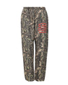Camo pants featuring an elastic waistband and bold red printed text, ideal for casual wear in Long Island boutique fashion.