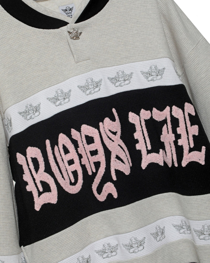 Light grey crewneck featuring a bold black and pink "BOYS LIE" graphic, ideal for casual wear in a Long Island fashion boutique.