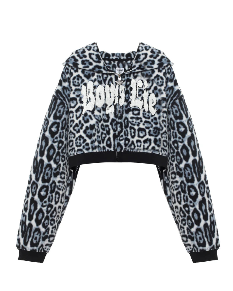 Cropped black and gray leopard print zip-up hoodie featuring "Boys Lie" lettering, perfect for chic Long Island boutique fashion.