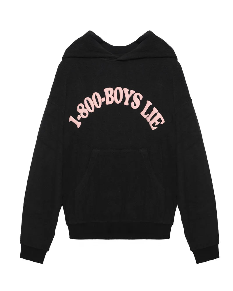 Black racer hoodie featuring a bold pink "1-800 BOYS LIE" graphic, perfect for casual wear in Long Island boutique fashion.