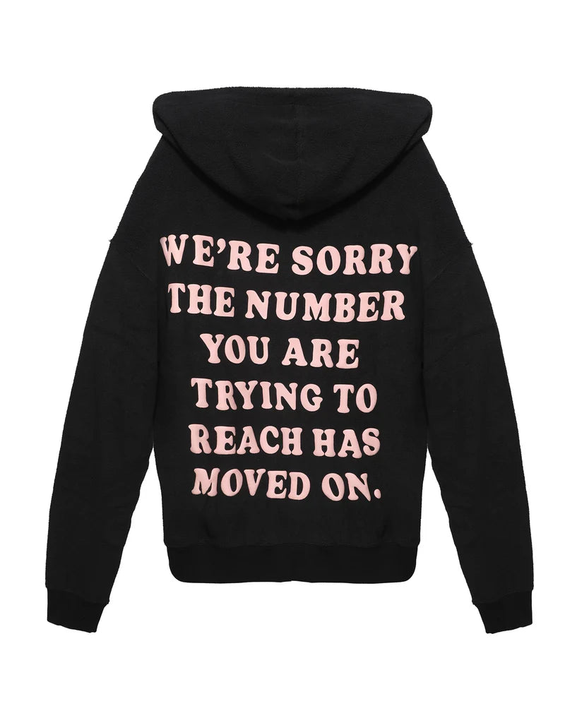 Soft black racer hoodie featuring bold pink lettering on the back, delivering a playful message, perfect for Long Island boutique fashion.