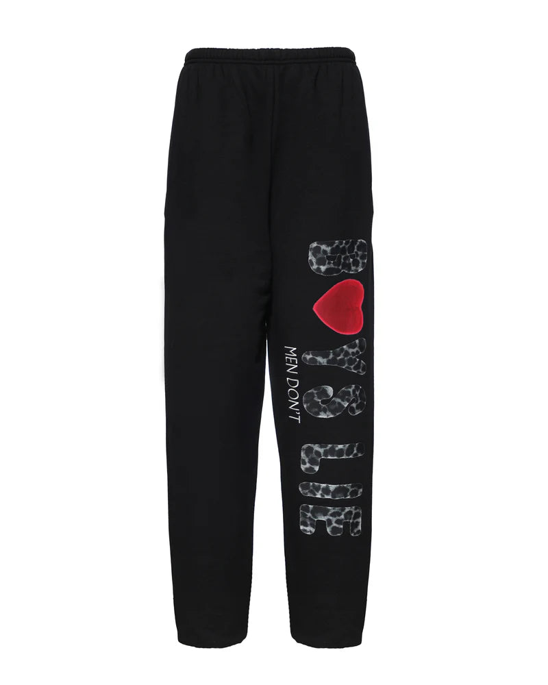 Black Kimmy pants featuring a relaxed fit, playful leopard print, and bold "Boys Lie" graphic with a red heart, embodying Long Island boutique fashion.