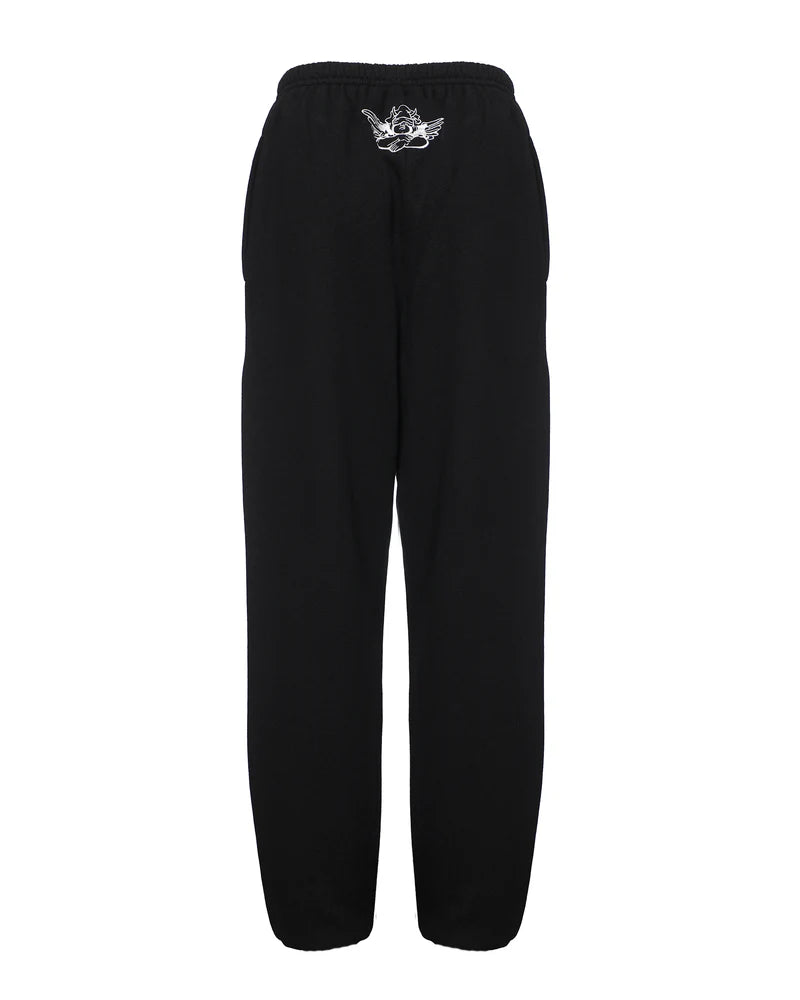Relaxed black jogger pants featuring a unique embroidered design on the back, perfect for casual wear in Long Island boutique fashion.