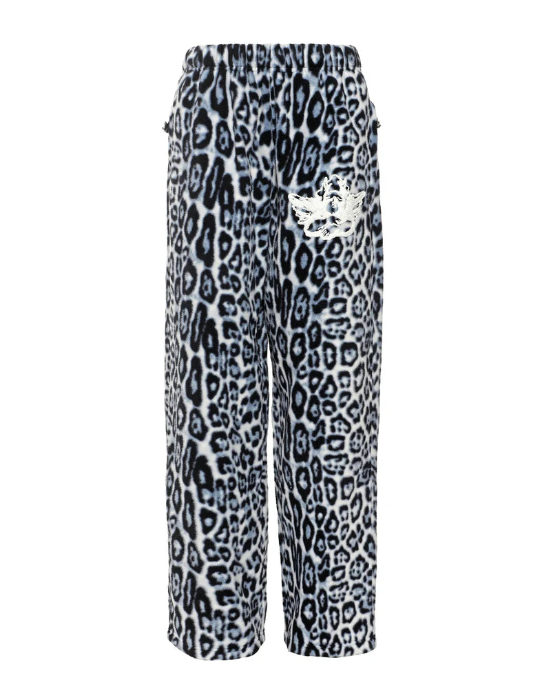 Relaxed-fit pants featuring a blue and black cheetah print with a stylish embroidered detail, perfect for Long Island boutique fashion.