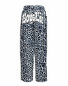 Relaxed-fit, fleece pants featuring a bold blue and black cheetah print with "Boys Lie" graphic on the back, perfect for Long Island boutique fashion.