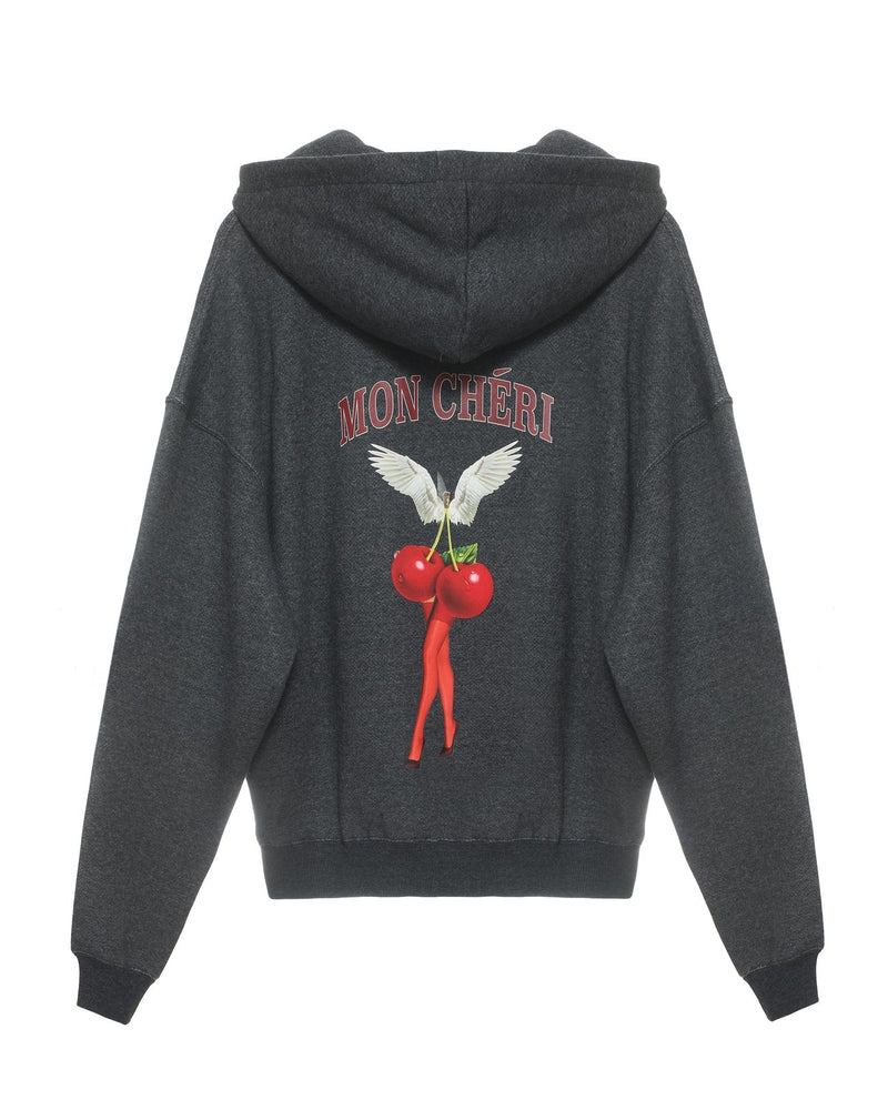Charcoal gray cropped hoodie featuring a playful graphic of a cherry and angel wings with "MON CHÉRI" text, perfect for Long Island boutique fashion.