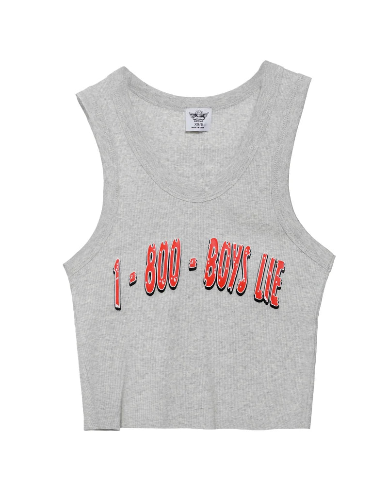 Light gray cropped tank top featuring bold red "1-800 Boys Lie" graphic, perfect for casual Long Island boutique fashion.